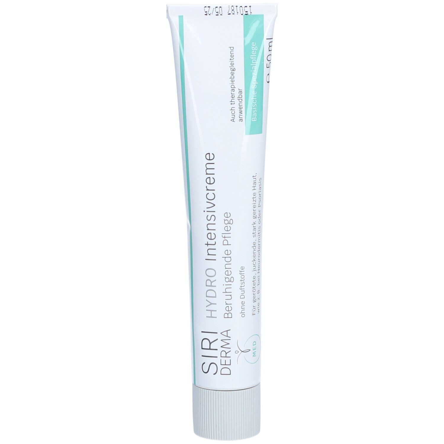 Tube de Siriderma Hydro Intense Crème. Design blanc-turquoise, bouchon gris. Texte : Soin apaisant, sans parfum.