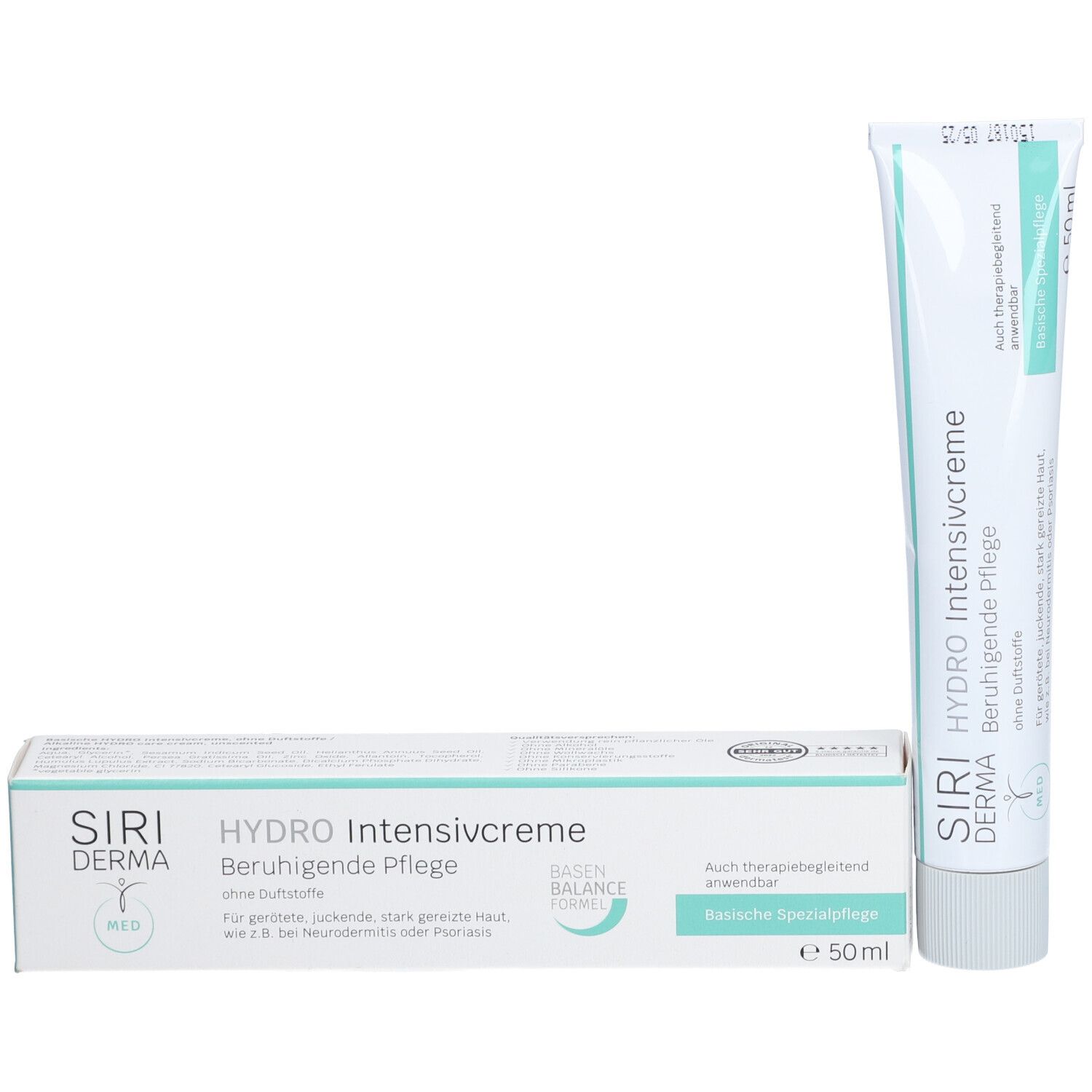 Tube et boîte de Siriderma Hydro Intense Crème. Design blanc-turquoise. Texte : Soin apaisant, sans parfum.