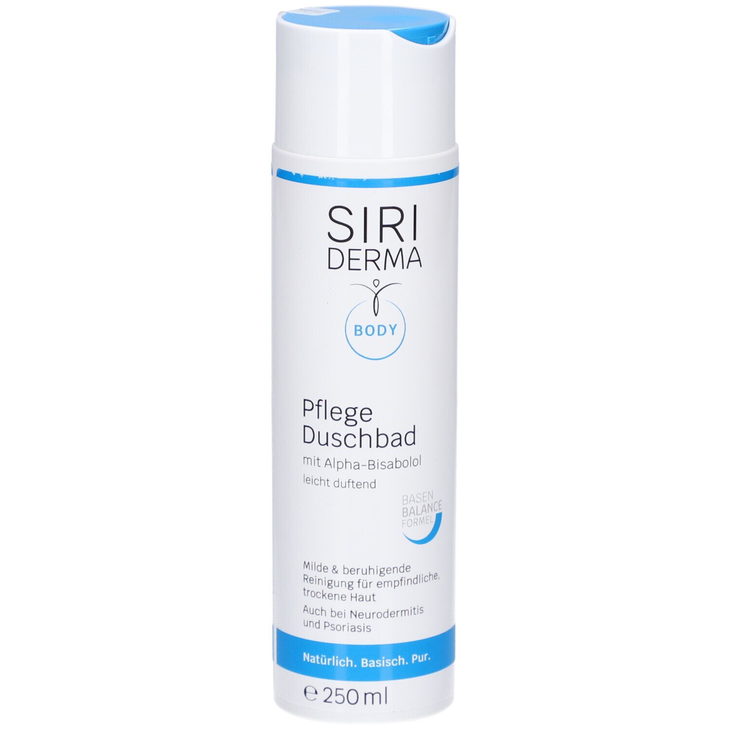 Flacon blanc SIRIDERMA Pflege Duschbad. Bouchon et bande bleus. Texte: Pflege Duschbad, Alpha-Bisabolol, 250 ml.