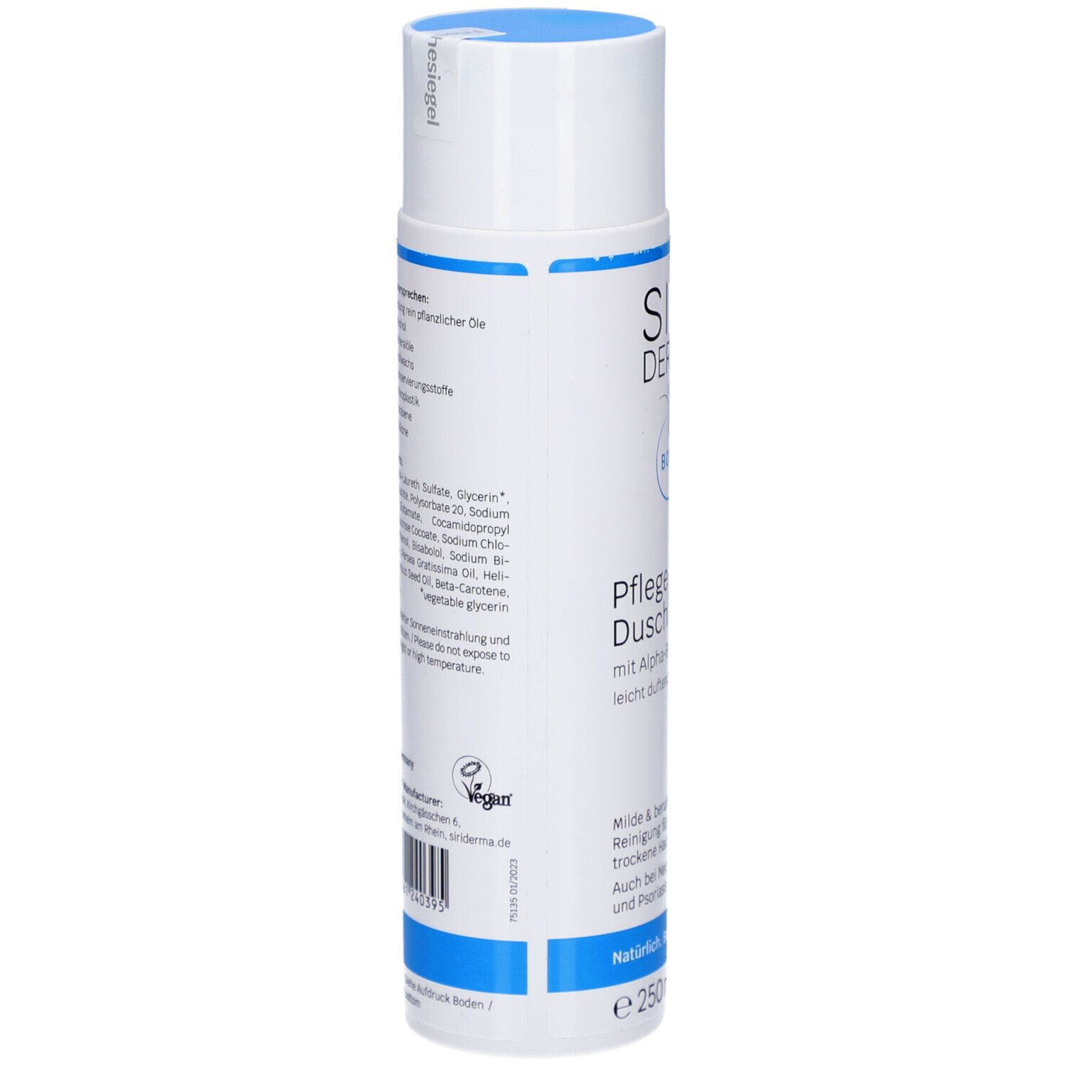 Dos du flacon blanc SIRIDERMA Pflege Duschbad. Ingrédients, label Vegan, code-barres, informations fabricant.