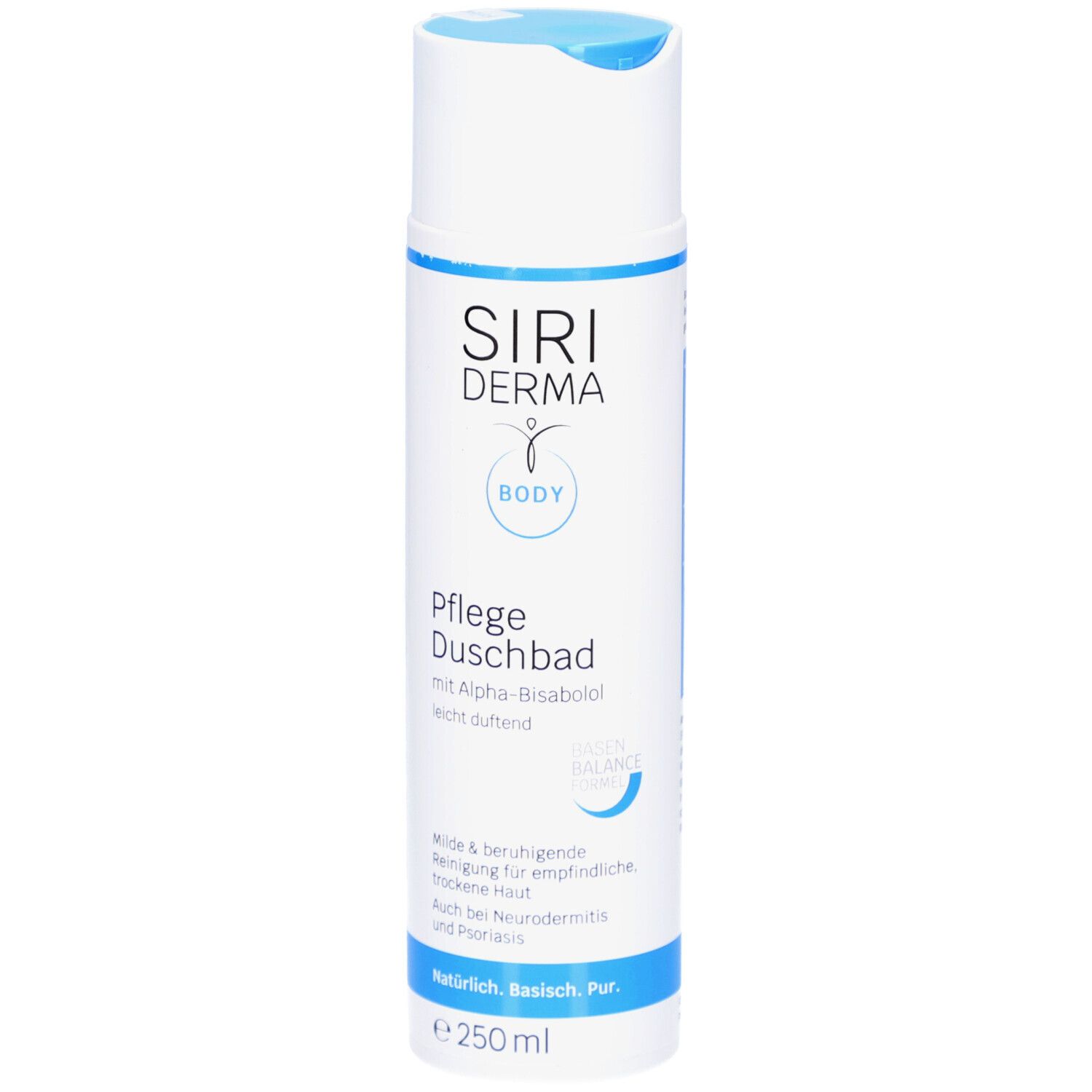 Flacon blanc SIRIDERMA Pflege Duschbad. Bouchon et bande bleus. Texte: Pflege Duschbad, Alpha-Bisabolol, 250 ml.