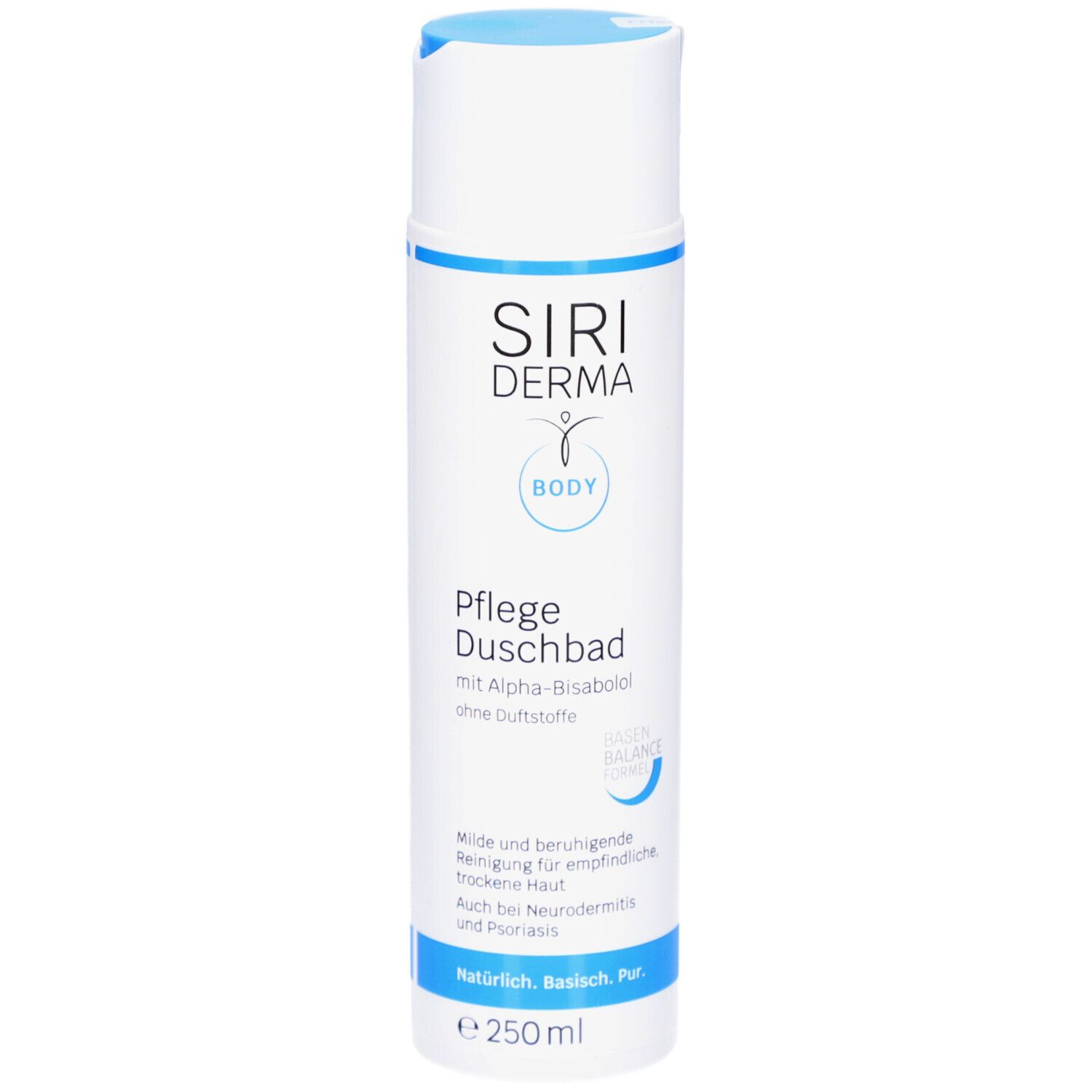 Flacon blanc et bleu avec logo SIRIDERMA et nom du produit. Texte : Pflege Duschbad, sans parfum, pour peaux sensibles.