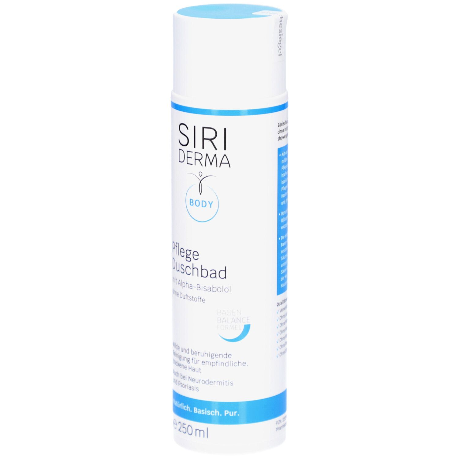 Flacon blanc et bleu avec logo SIRIDERMA et nom du produit. Texte : Pflege Duschbad, sans parfum, pour peaux sensibles.