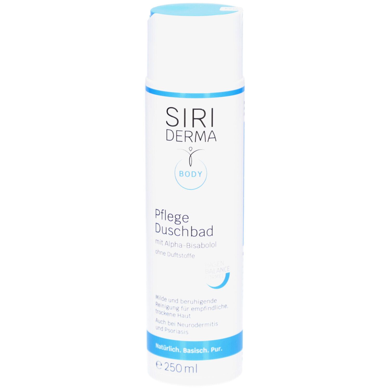 Flacon blanc et bleu avec logo SIRIDERMA et nom du produit. Texte : Pflege Duschbad, sans parfum, pour peaux sensibles.