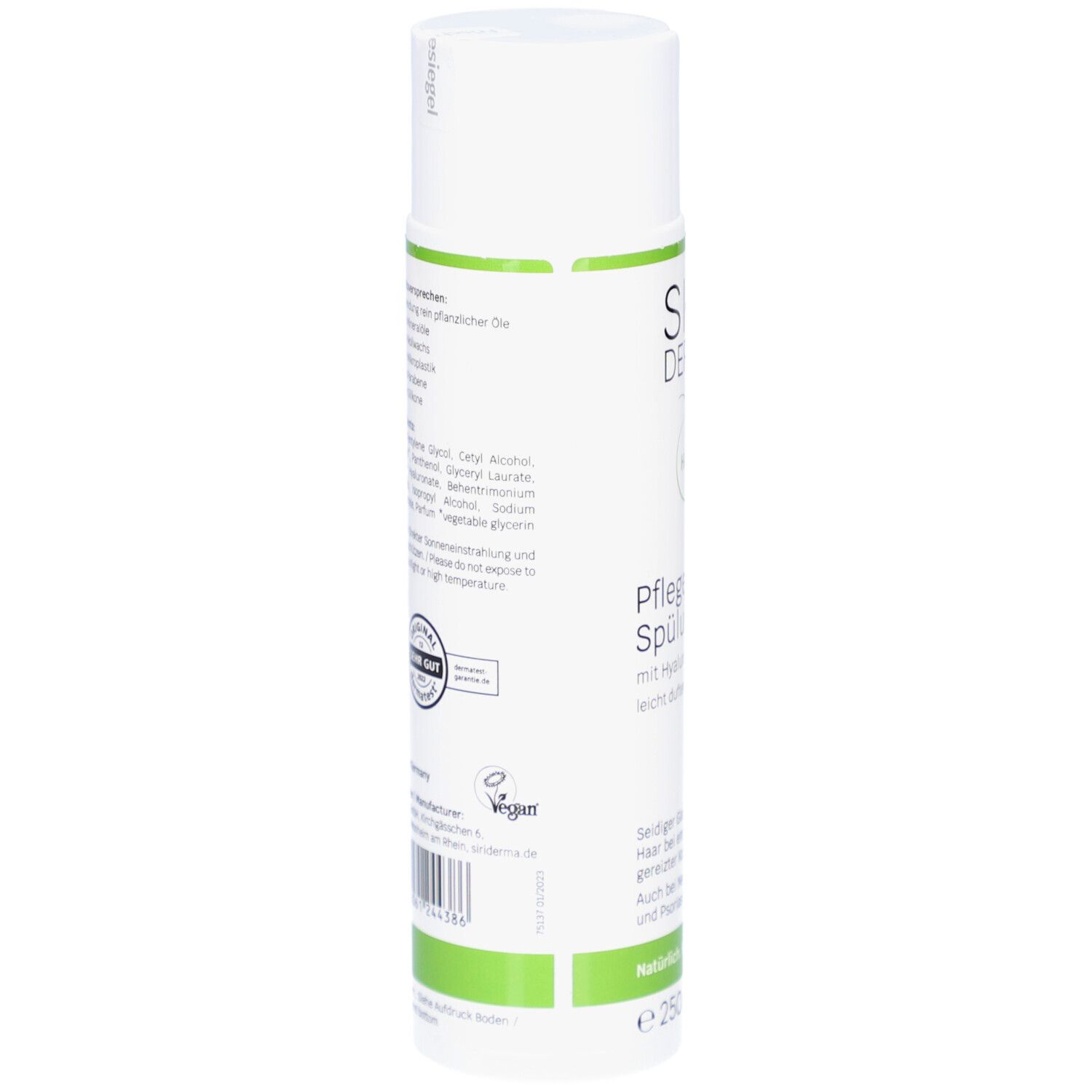Flacon pulvérisateur blanc avec accents verts, 250ml. Contient un après-shampoing.