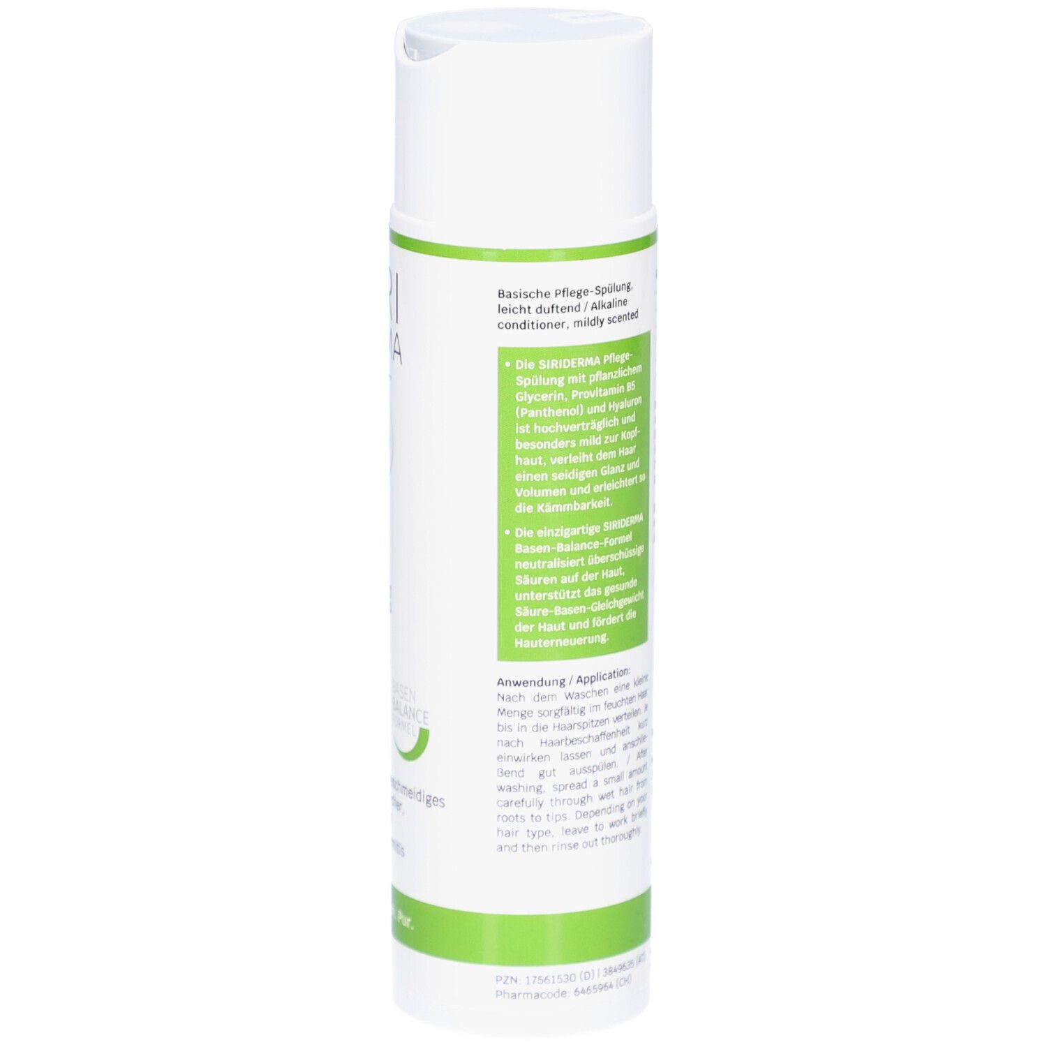 Bouteille blanche avec étiquette verte décrivant les ingrédients et l'utilisation.