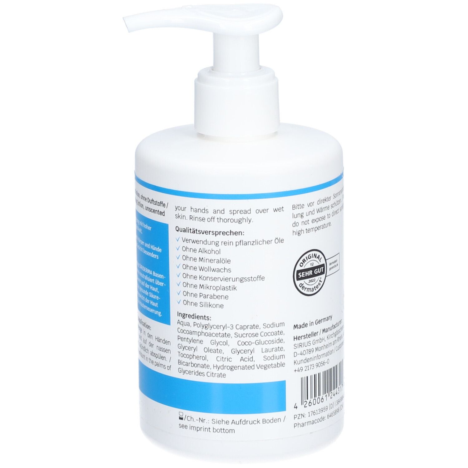 Flacon pompe blanc avec étiquette bleue, ingrédients et instructions d'utilisation en allemand et en anglais.