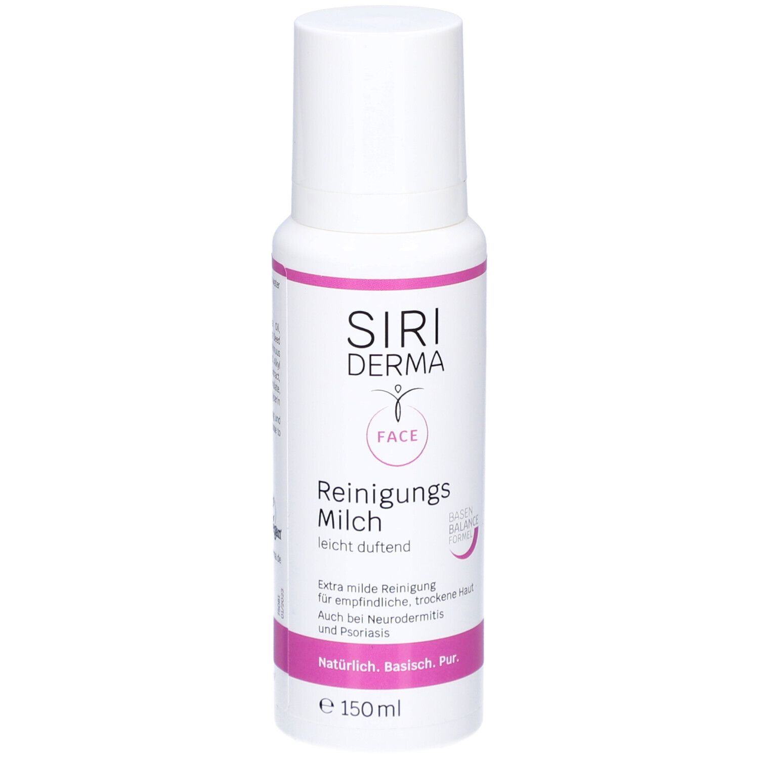 Flacon blanc avec étiquette rose. Inscription : SIRIDERMA, Lait nettoyant, soin du visage. 150 ml.