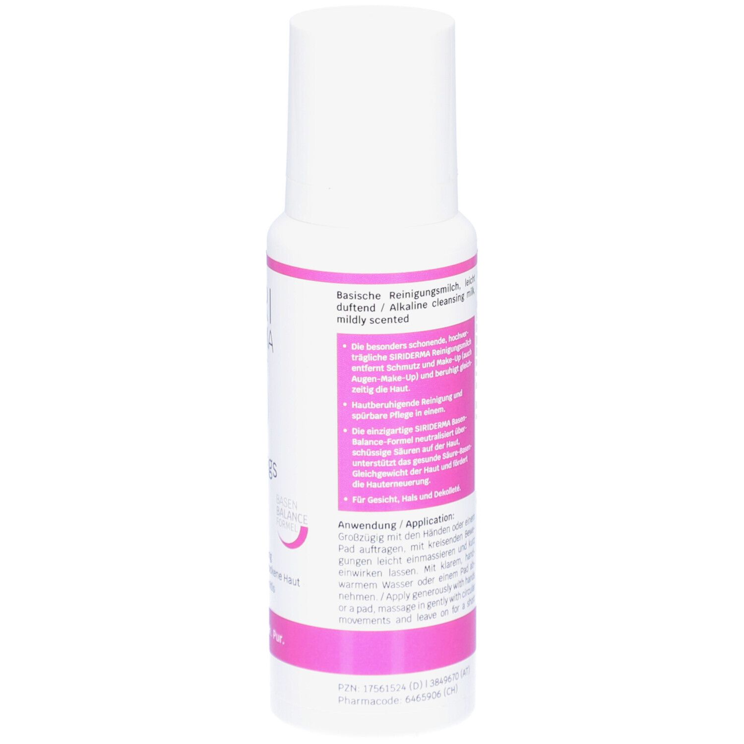 Dos du flacon blanc avec étiquette rose. Mode d'emploi, ingrédients, numéro PZN.