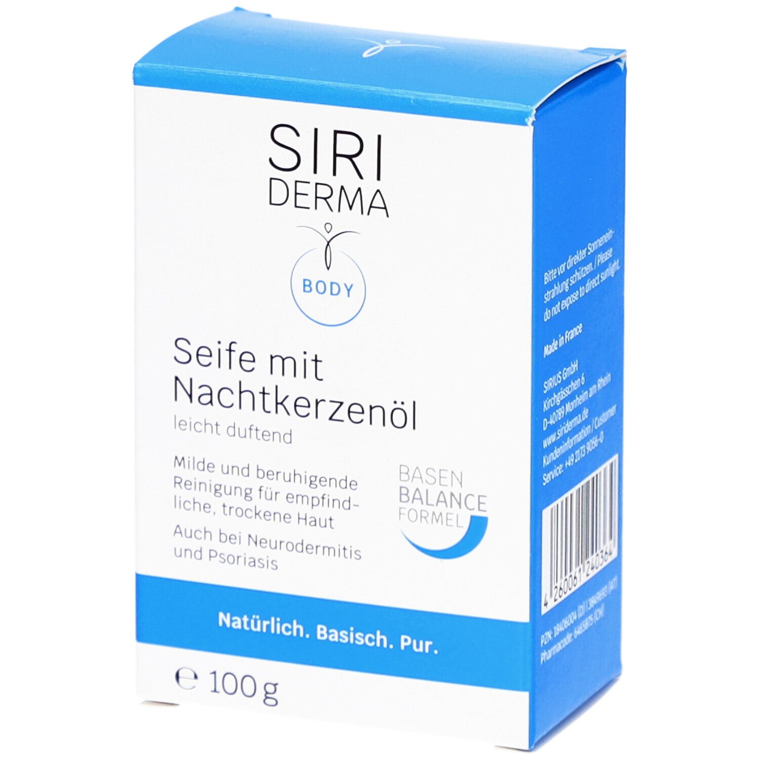 Boîte bleue de savon SIRIDERMA. Label Vegan, 100g. Texte : Savon à l'huile d'onagre, nettoyage apaisant pour peaux sensibles.