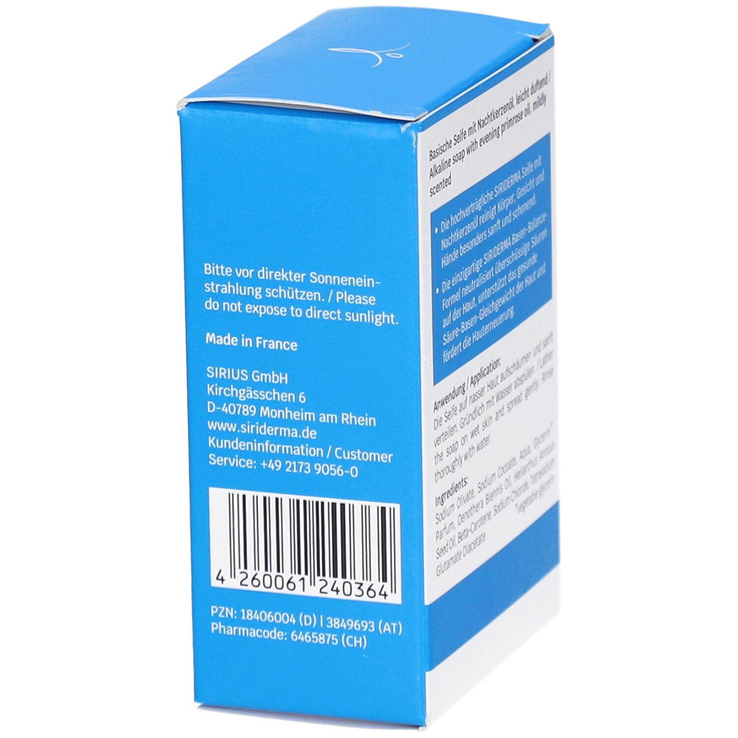 Emballage du savon SIRIDERMA, côté bleu. Label Vegan, label Dermatest. Texte : Savon basique à l'huile d'onagre, fabriqué en France.