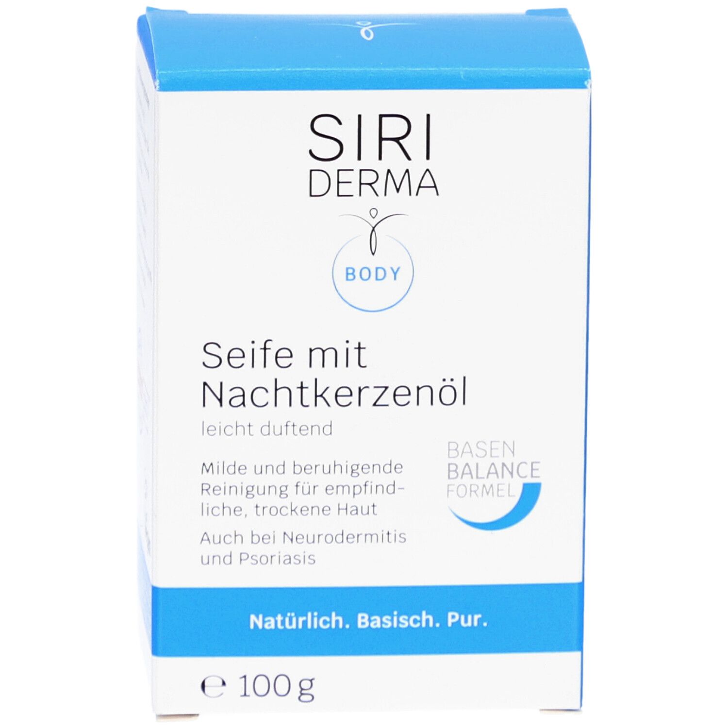 Savon SIRIDERMA, emballage bleu. Texte : Savon à l'huile d'onagre, nettoyage apaisant pour peaux sensibles, 100g.