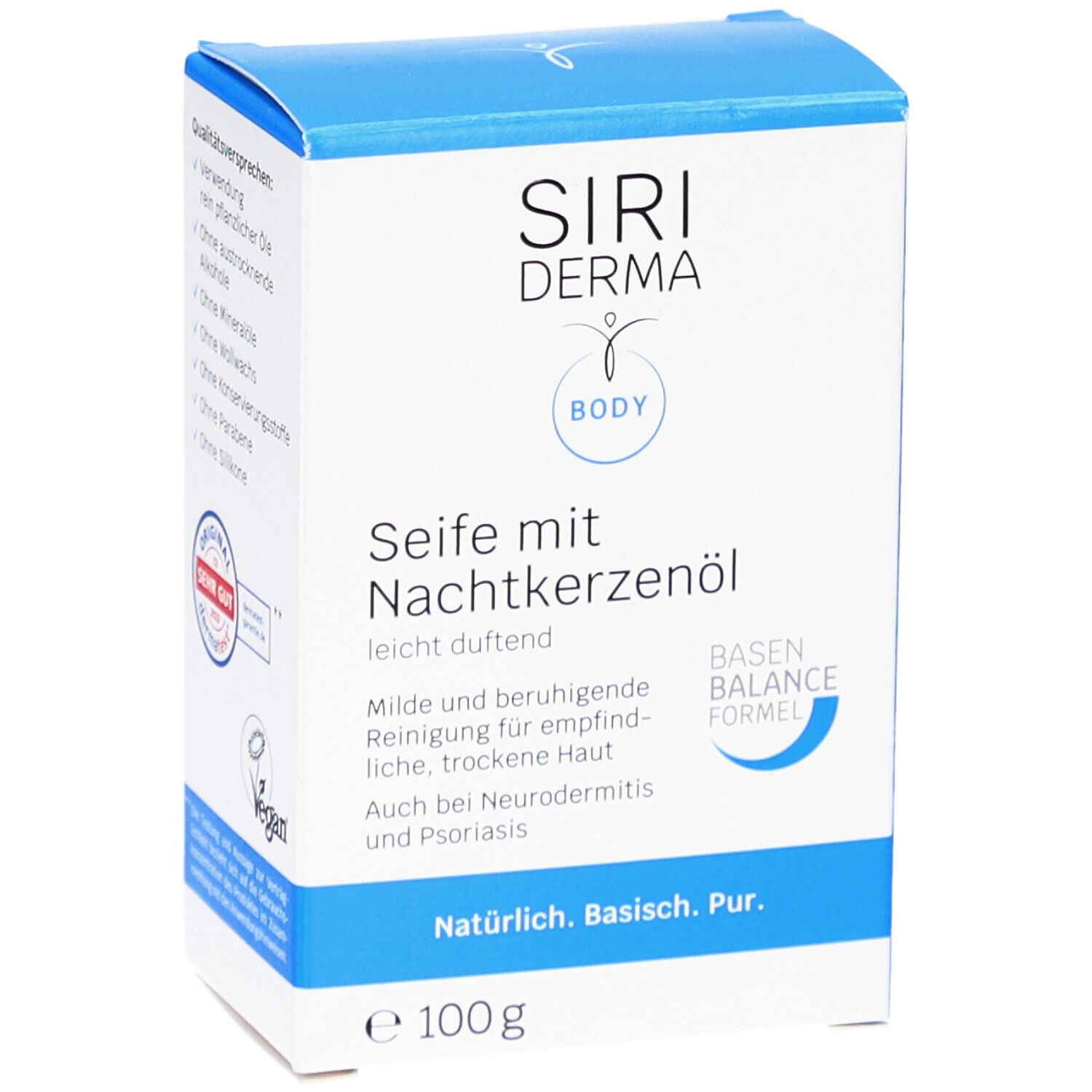 Savon SIRIDERMA, emballage bleu. Texte : Savon à l'huile d'onagre, nettoyage apaisant pour peaux sensibles, 100g.