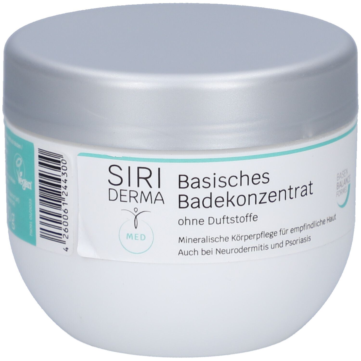Pot blanc avec couvercle argenté. Inscription : SIRIDERMA Basisches Badekonzentrat, 500 g, label Vegan.