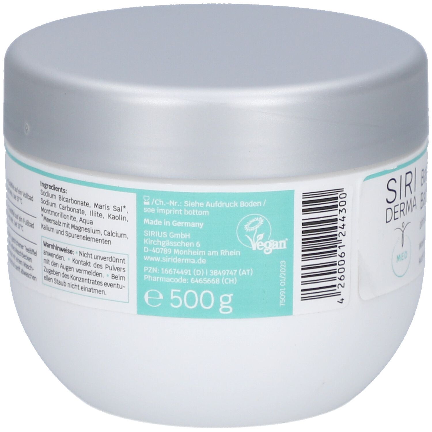 Dos du pot blanc avec couvercle argenté. Inscription : Ingrédients, label Vegan, code-barres.