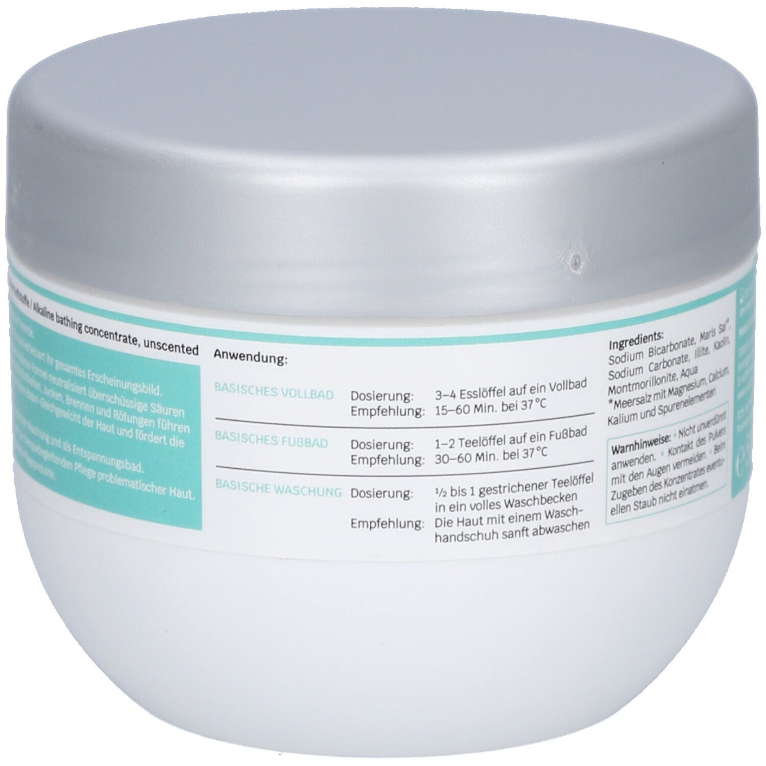 Dos du pot blanc avec couvercle argenté. Inscription : Application, dosage, recommandation.