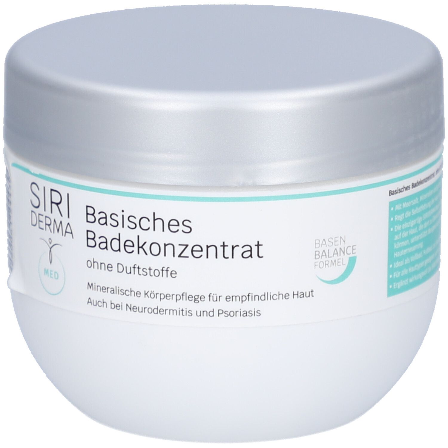 Pot blanc avec couvercle argenté. Inscription : SIRIDERMA Basisches Badekonzentrat, 500 g.