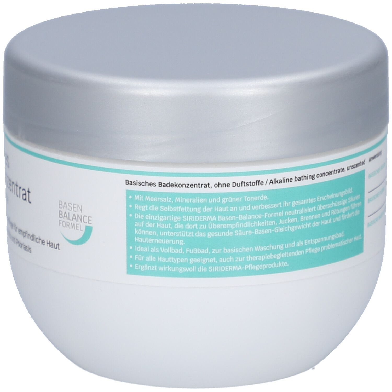 Pot blanc avec couvercle argenté. Inscription : Basisches Badekonzentrat, sans parfum, label Nature.