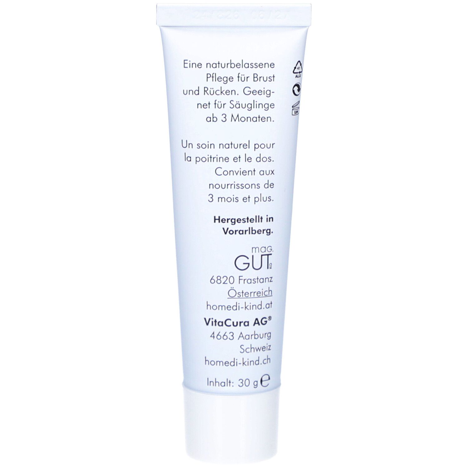 Tube blanche avec logo homedi-kind® et inscription Thymian-Myrte Balsam. Illustration du produit.