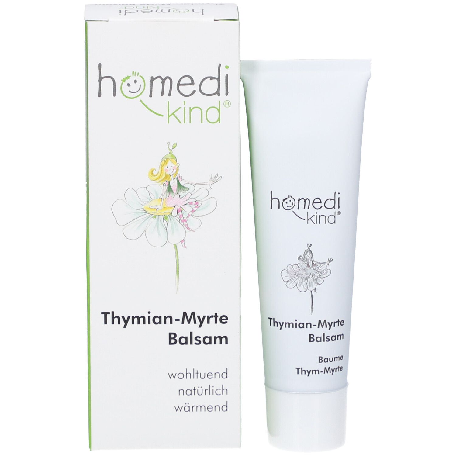 Emballage du produit avec tube. Boîte blanche avec logo homedi-kind® et inscription Thymian-Myrte Balsam.