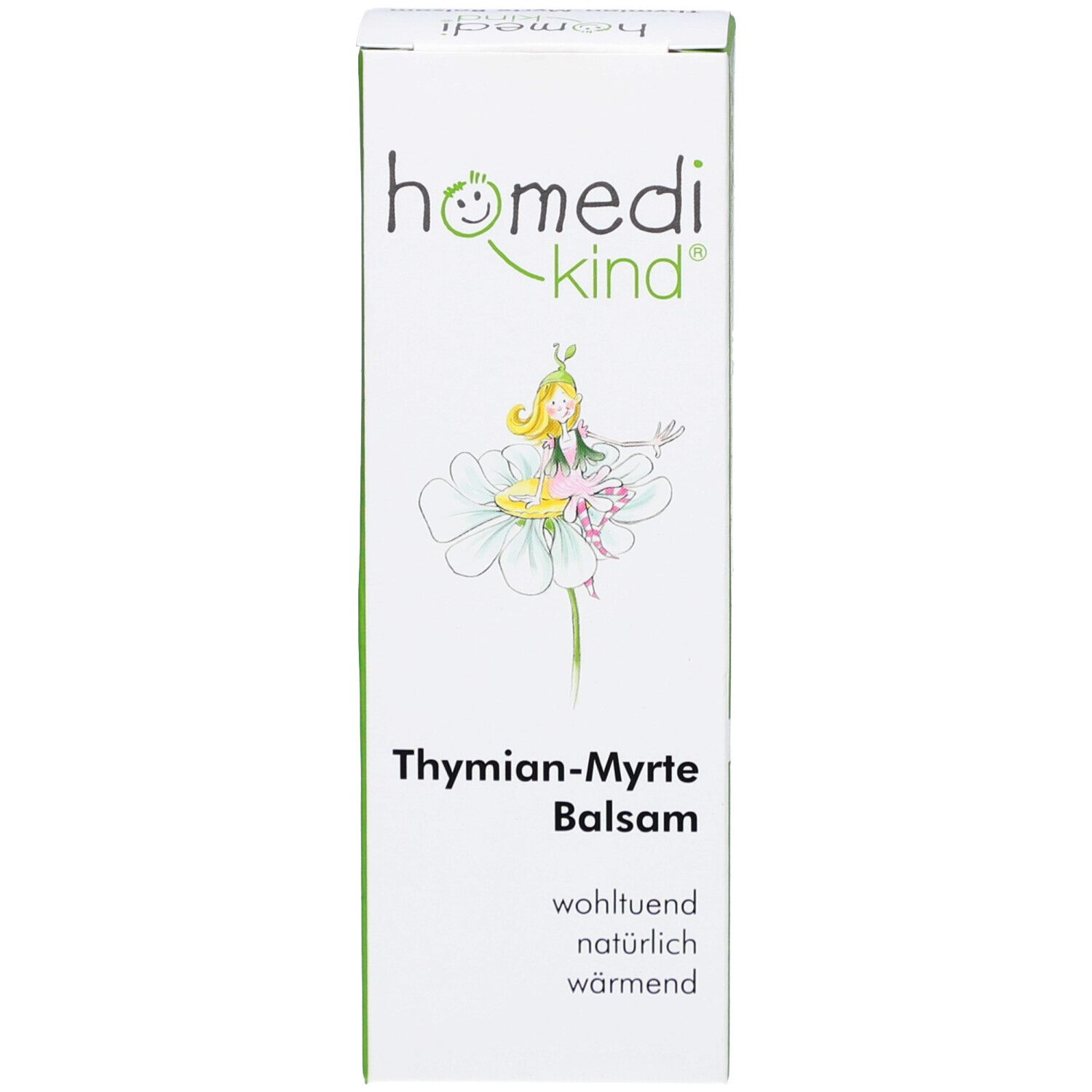 Emballage blanc du produit avec logo homedi-kind® et inscription Thymian-Myrte Balsam. Boîte.