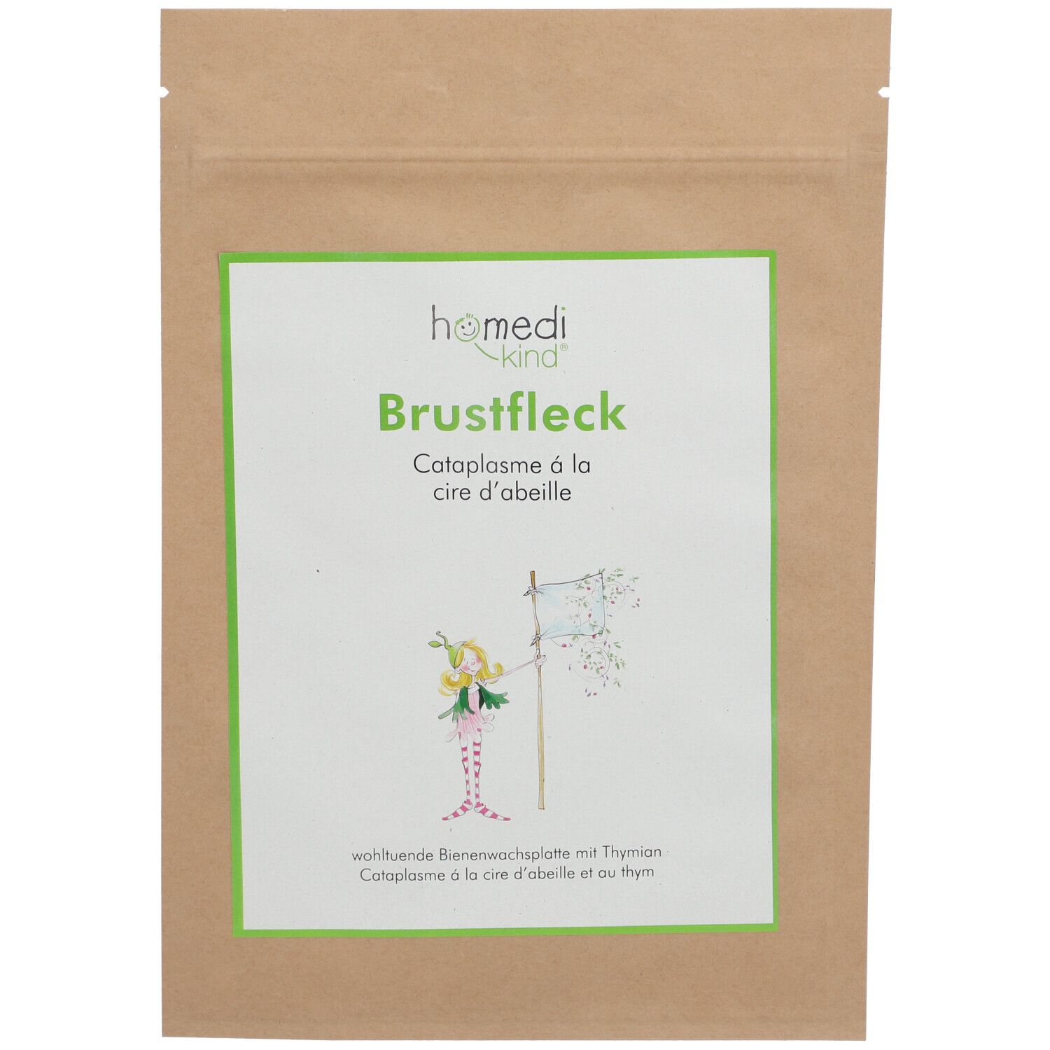 Sachet de homedi-kind® Brustfleck. Impression avec nom du produit, illustration et texte. Étiquette bordée de vert sur papier brun.