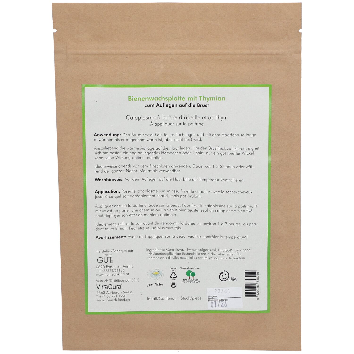 Dos du sachet homedi-kind® Brustfleck. Texte en allemand et français. Informations sur l'utilisation et avertissements.
