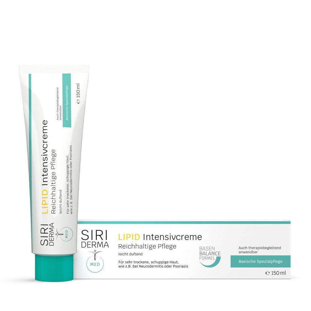 Tube et boîte de crème. Inscription : SIRIDERMA LIPID Intensivcreme. Pour peaux sèches et squameuses.