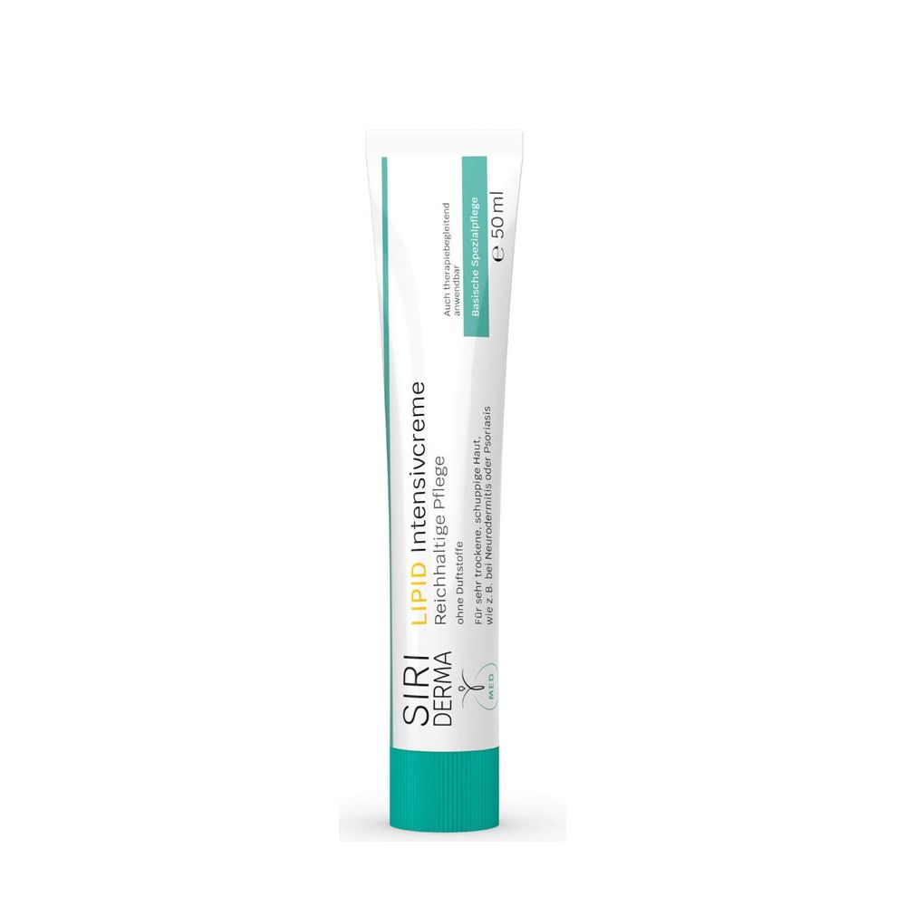 Tube blanche avec éléments verts et turquoise. Inscription : SIRI DERMA LIPID Crème intensive sans parfum. Contenu : 50 ml.