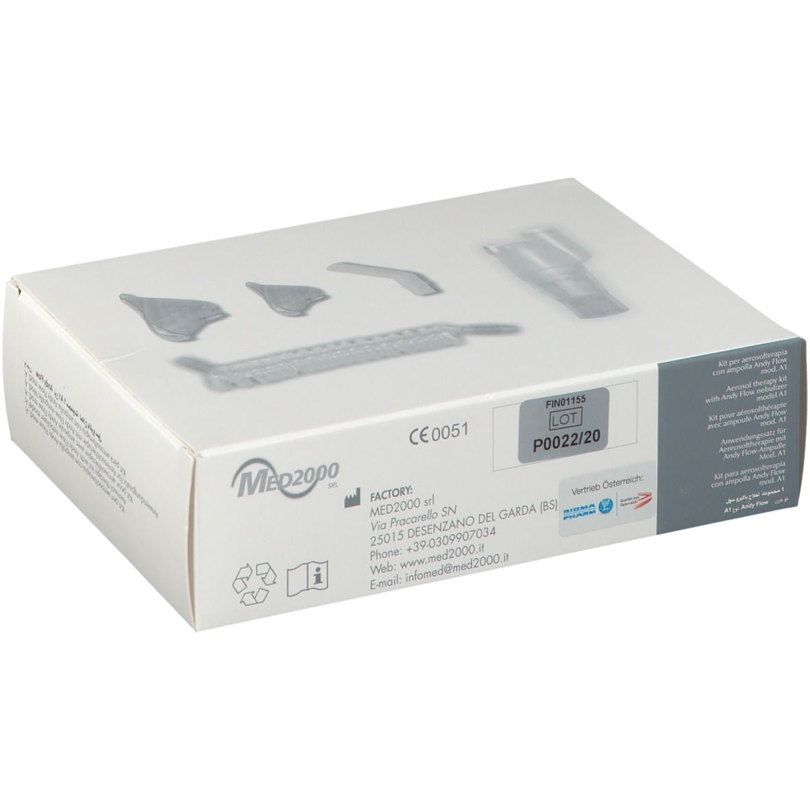 Boîte de matériel médical. Composants gris sur carton blanc. Logo Med2000 et marquage CE.
