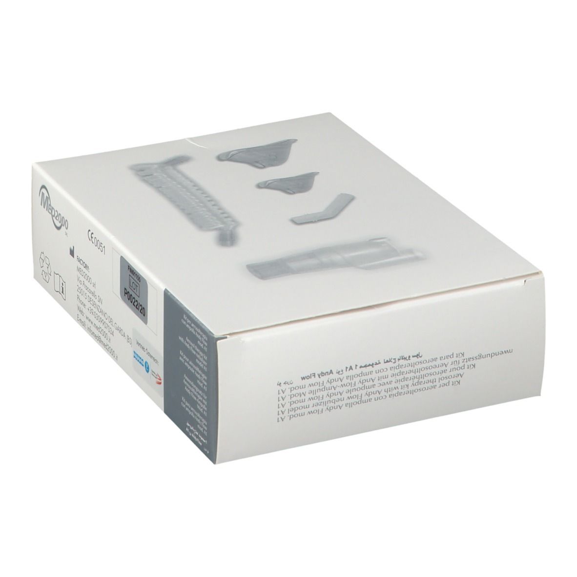 Boîte de matériel médical. Composants gris sur carton blanc. Logo Med2000 et marquage CE.