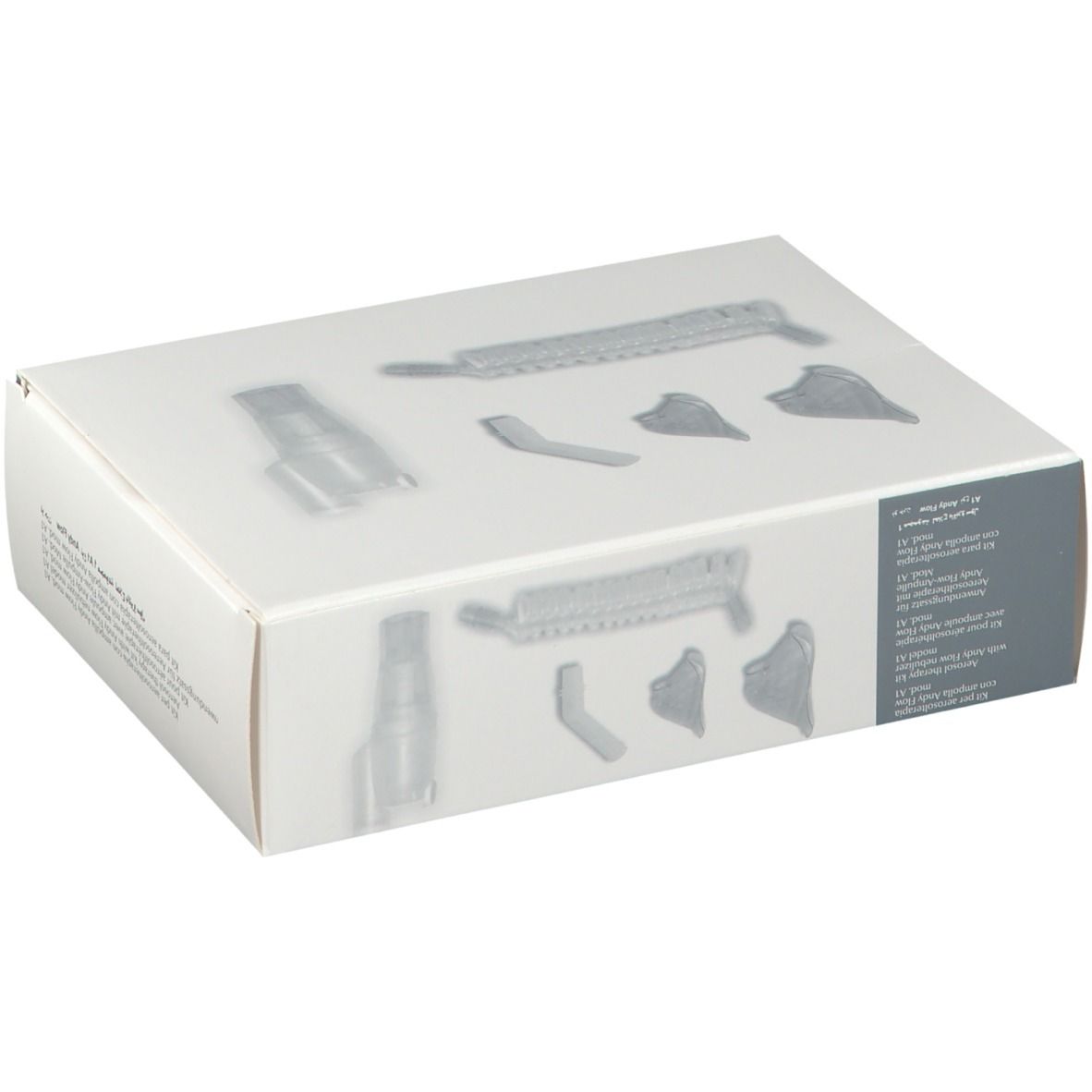 Boîte de matériel médical. Composants gris sur carton blanc. Logo Med2000 et marquage CE.