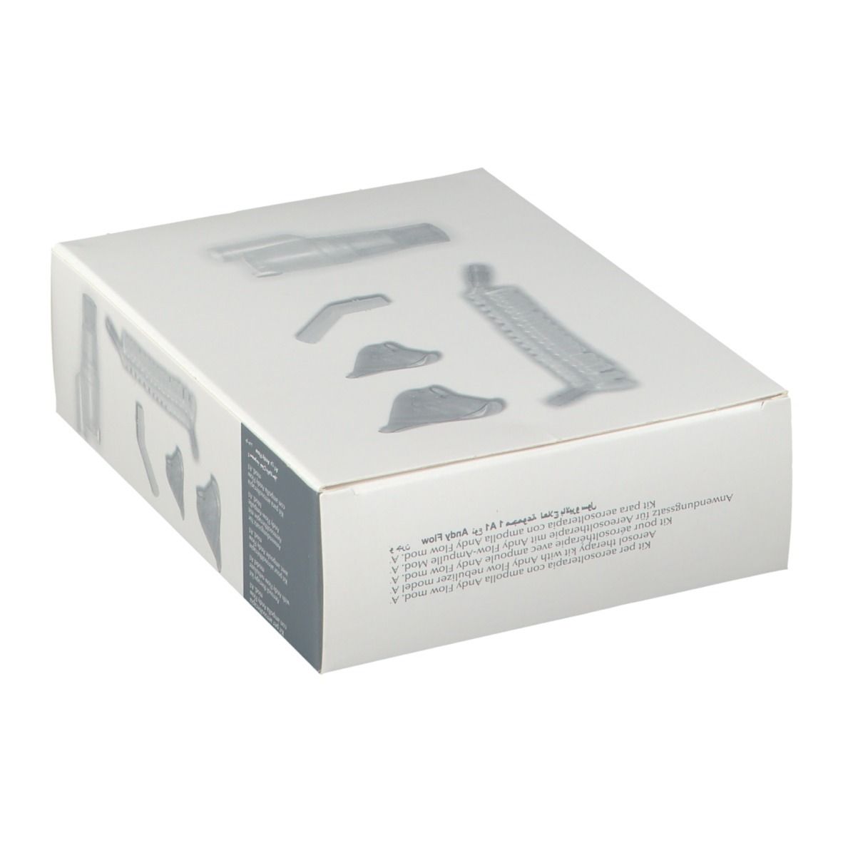 Boîte de matériel médical. Composants gris sur carton blanc. Logo Med2000 et marquage CE.