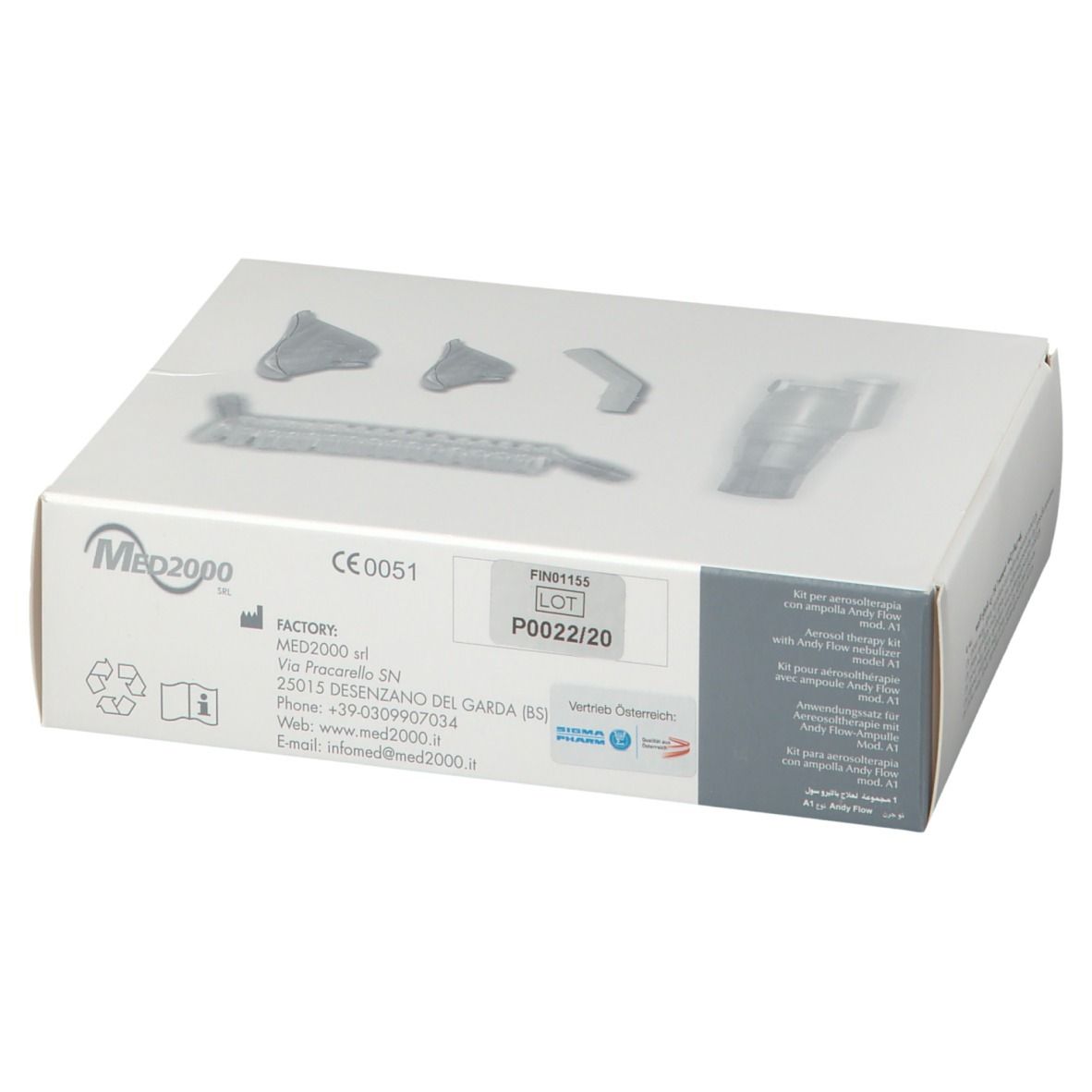 Boîte de matériel médical. Composants gris sur carton blanc. Logo Med2000 et marquage CE.