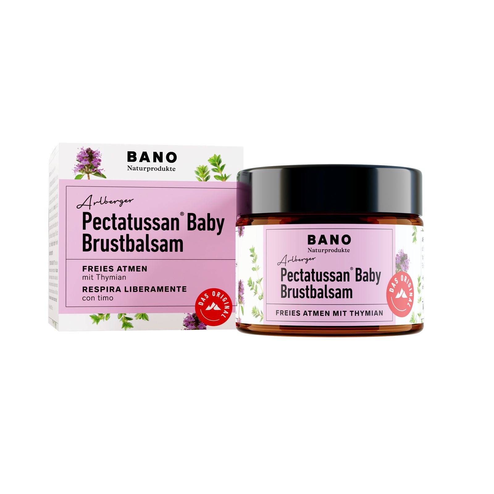 BANO Pectatussan® Baby Brustbalsam, étiquette rose, couvercle noir, à côté de l'emballage. Inscription : Respiration libre au thym.