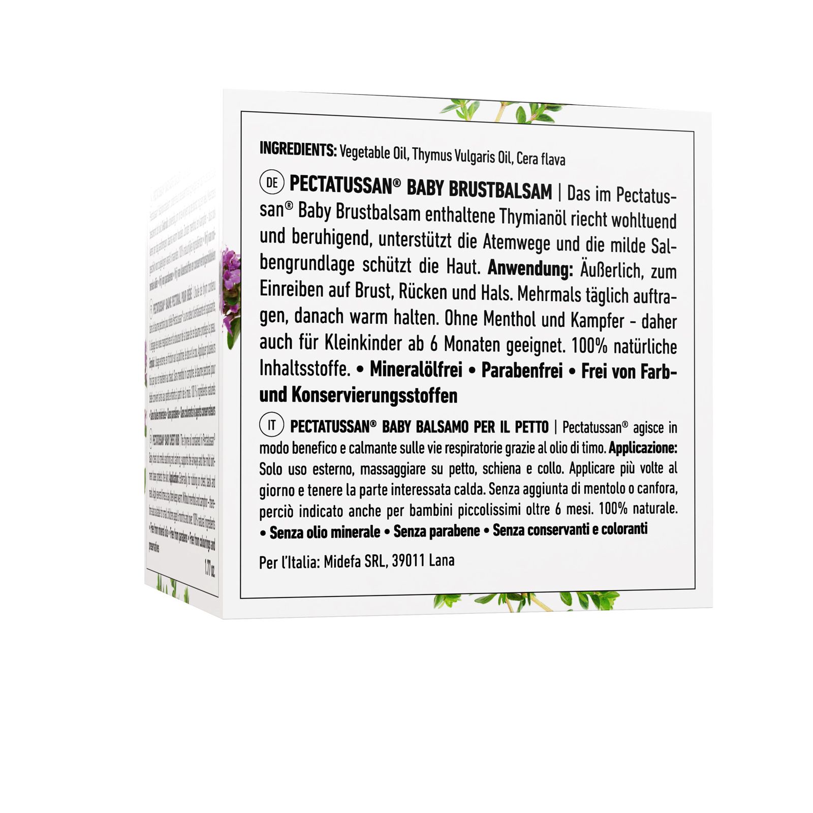 Emballage de BANO Pectatussan® Baby Brustbalsam. Texte en allemand et en italien. Ingrédients, instructions d'utilisation et autres informations.
