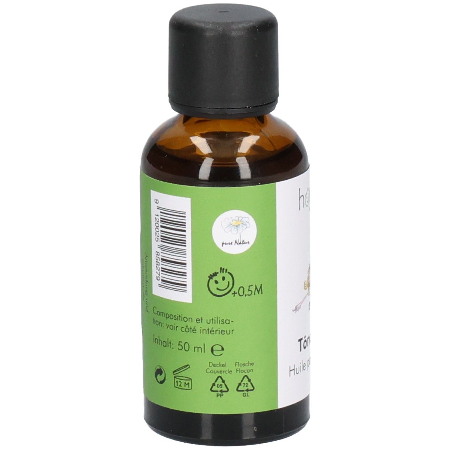Arrière du flacon avec code-barres, sceaux et informations produit. Contenu : 50 ml.