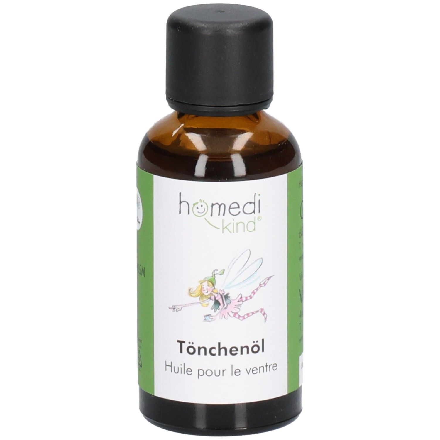 Flacon en verre ambré avec bouchon noir et étiquette verte. Produit : Tönchenöl.