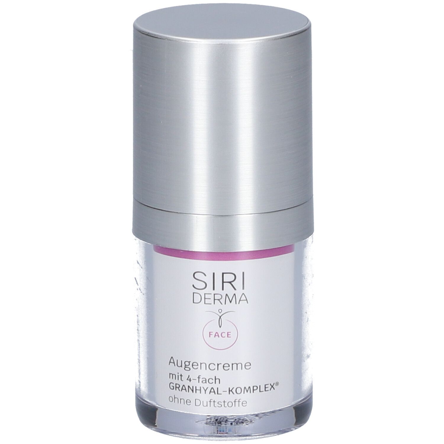 Flacon de crème pour les yeux cylindrique avec couvercle argenté. Inscription : Siri Derma, Augencreme, 4-fach Granhyal-Komplex, sans parfum.