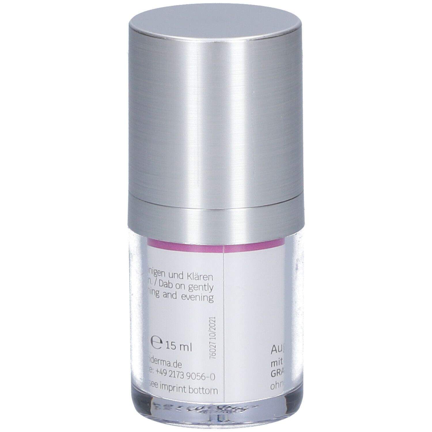Dos du flacon de crème pour les yeux. Texte : Application, 15 ml, coordonnées, date de péremption.
