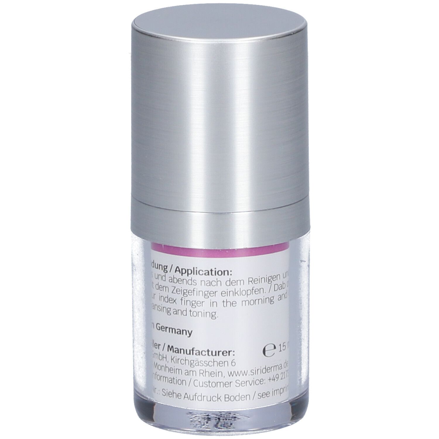 Dos du flacon de crème pour les yeux. Texte : Application, informations fabricant, coordonnées, 15 ml.