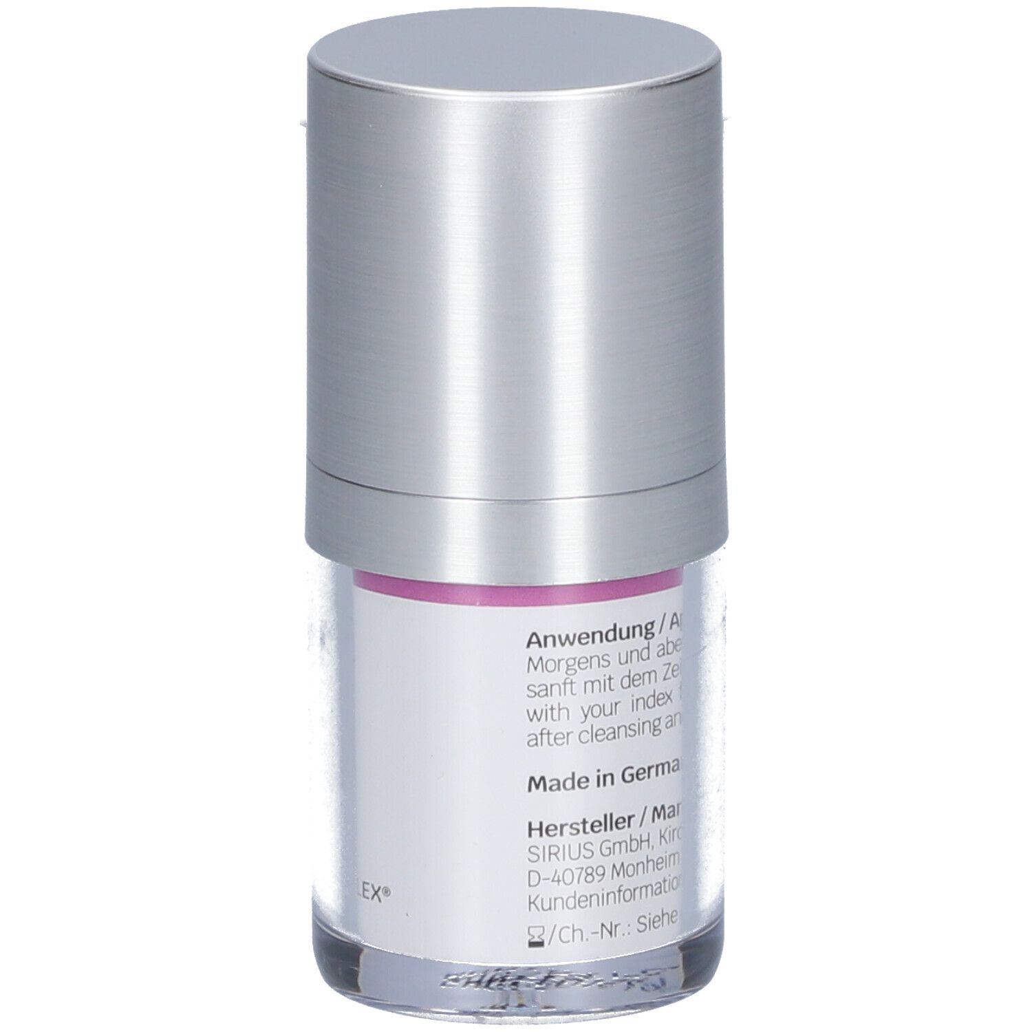 Dos du flacon de crème pour les yeux. Texte : Application, informations fabricant, coordonnées, 15 ml.