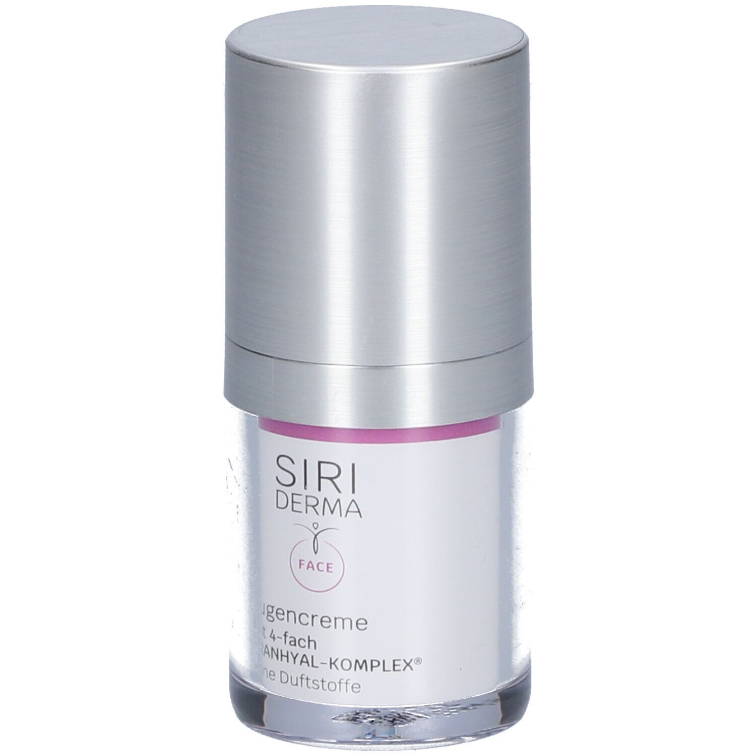 Flacon de crème pour les yeux avec couvercle argenté. Inscription : Siri Derma, Augencreme, 4-fach Granhyal-Komplex, sans parfum.