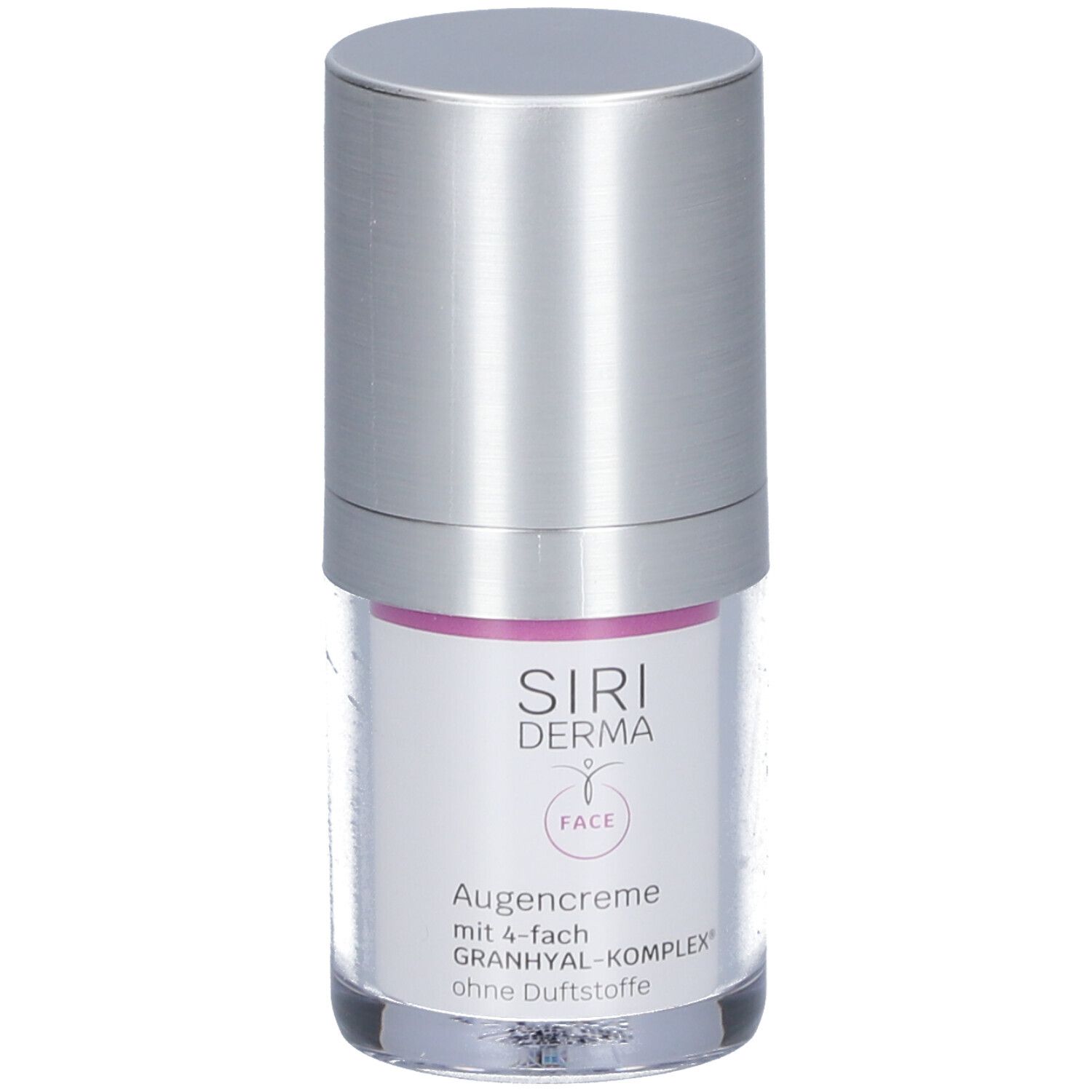 Flacon de crème pour les yeux avec couvercle argenté. Inscription : Siri Derma, Augencreme, 4-fach Granhyal-Komplex, sans parfum.