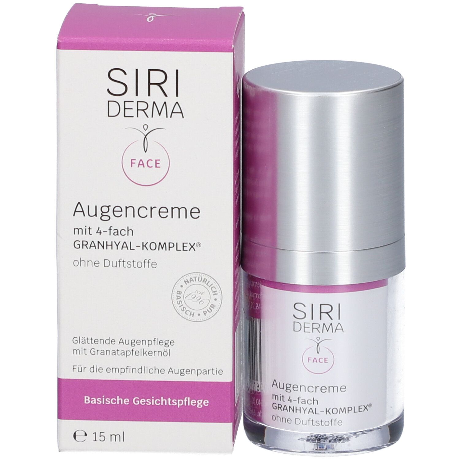 Flacon de crème pour les yeux et emballage. Inscription : Siri Derma, Augencreme, 4-fach Granhyal-Komplex, sans parfum, 15 ml.