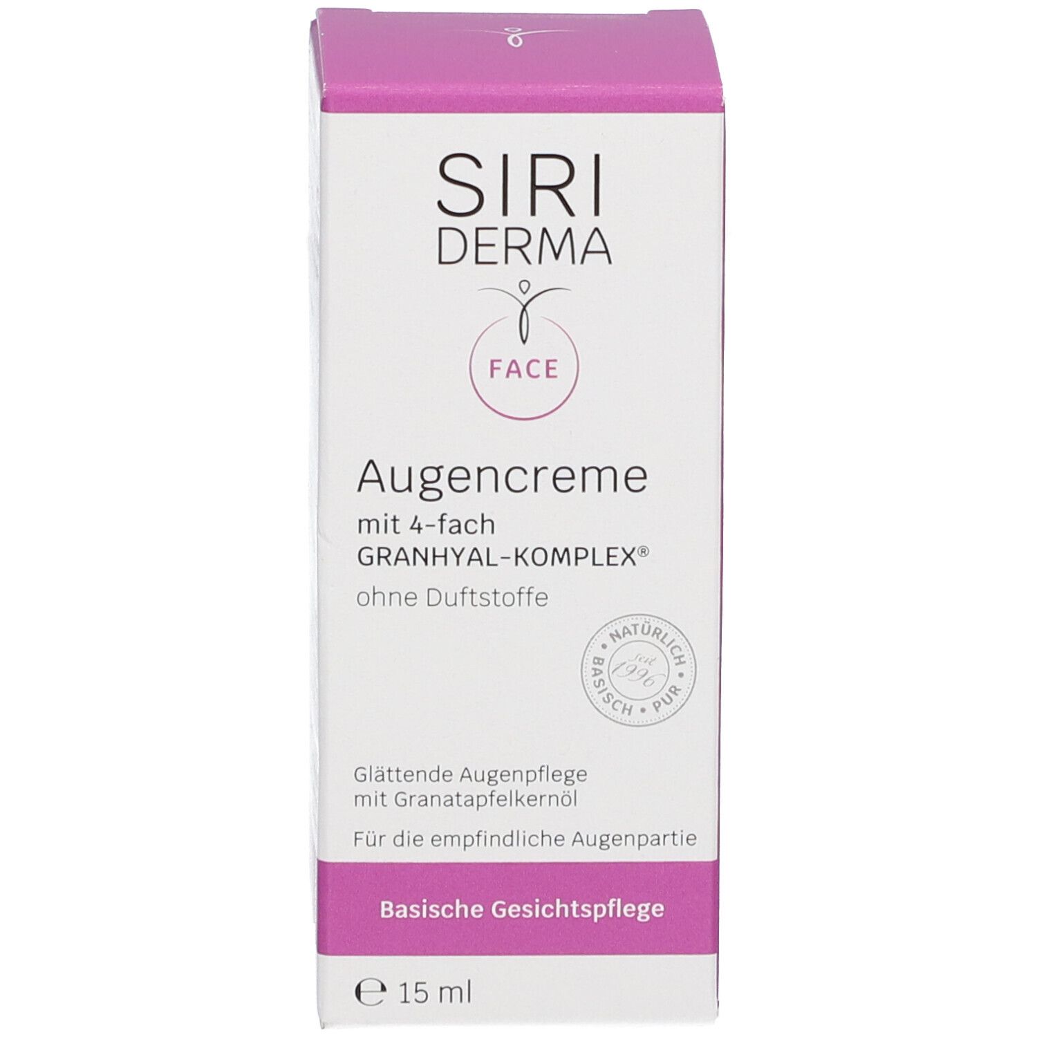 Emballage de la crème pour les yeux. Inscription : Siri Derma, Augencreme, 4-fach Granhyal-Komplex, sans parfum, 15 ml.