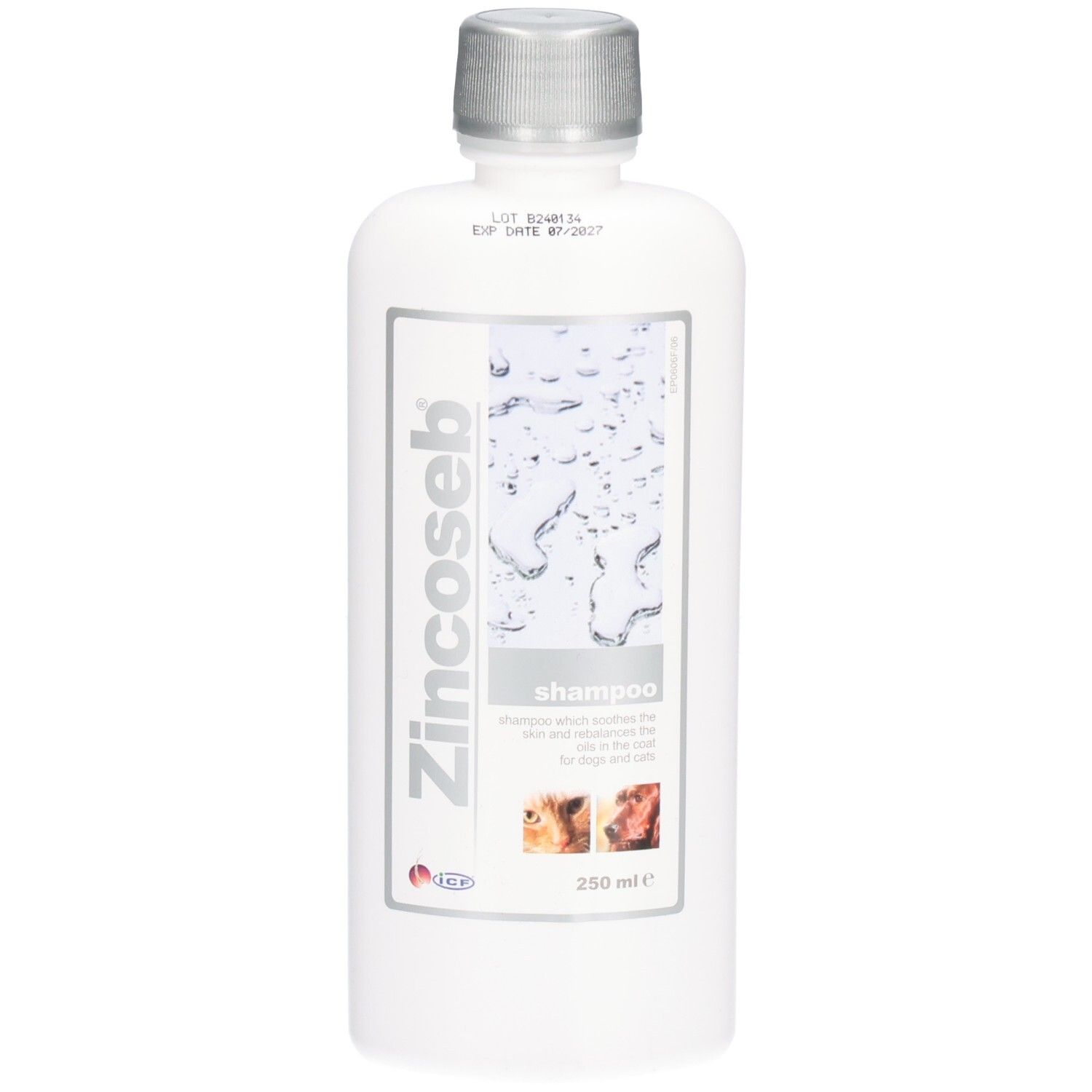Flacon blanc avec bouchon argenté. Inscription Zincoseb et Shampooing. 250 ml. Pour chiens et chats.