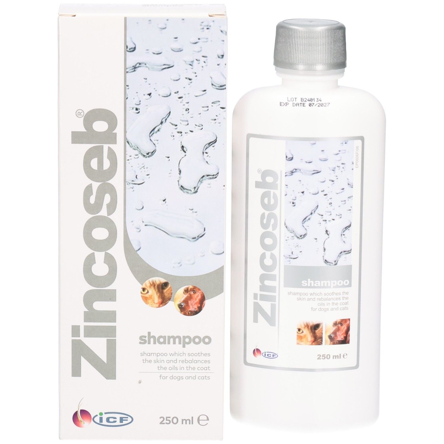 Boîte blanche et flacon. Inscription Zincoseb et Shampooing. 250 ml. Pour chiens et chats.
