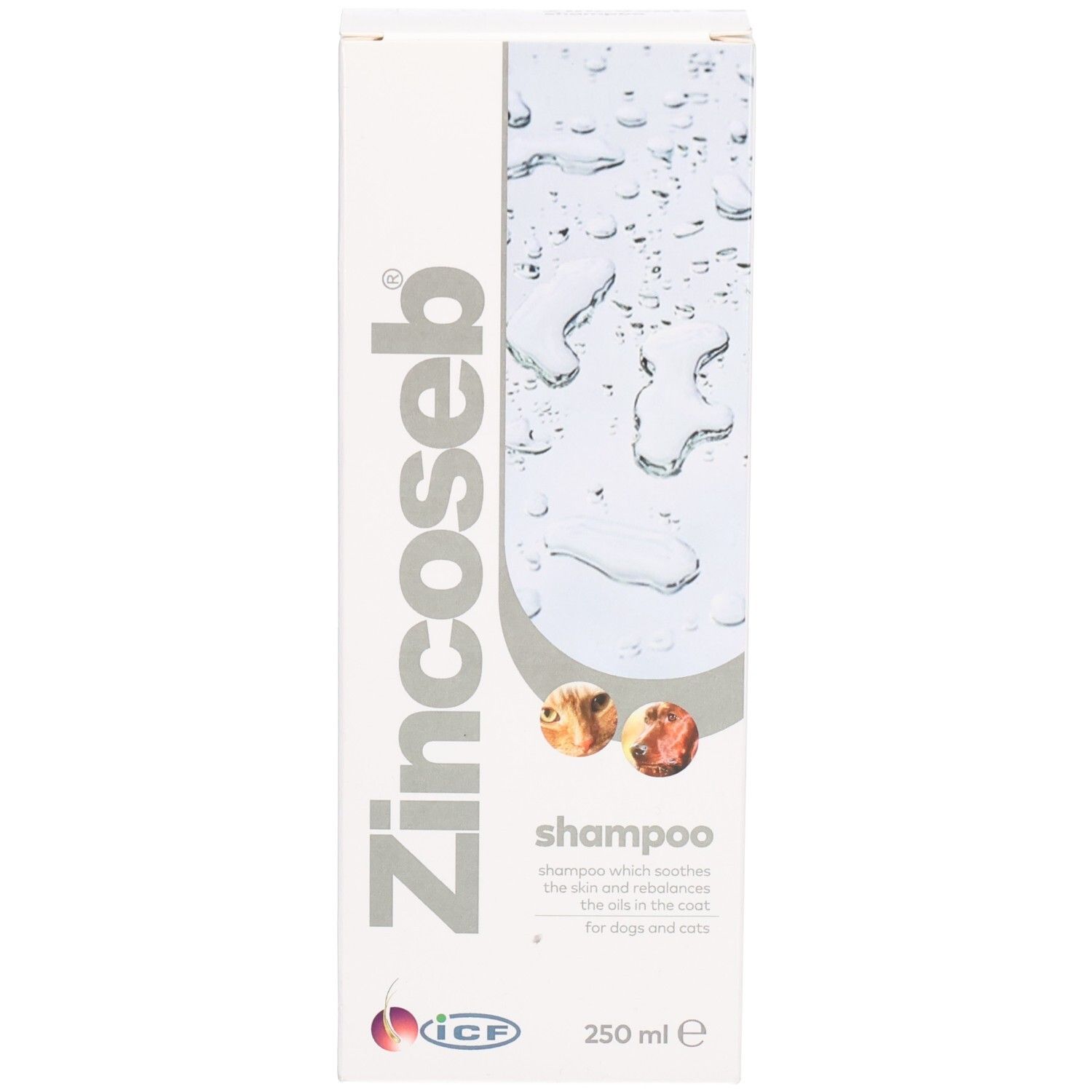 Boîte blanche. Inscription Zincoseb et Shampooing. 250 ml. Pour chiens et chats.