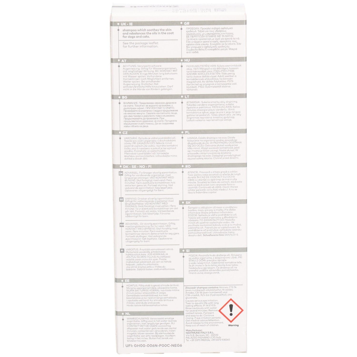 Boîte blanche. Texte en plusieurs langues. Adresses des fabricants.